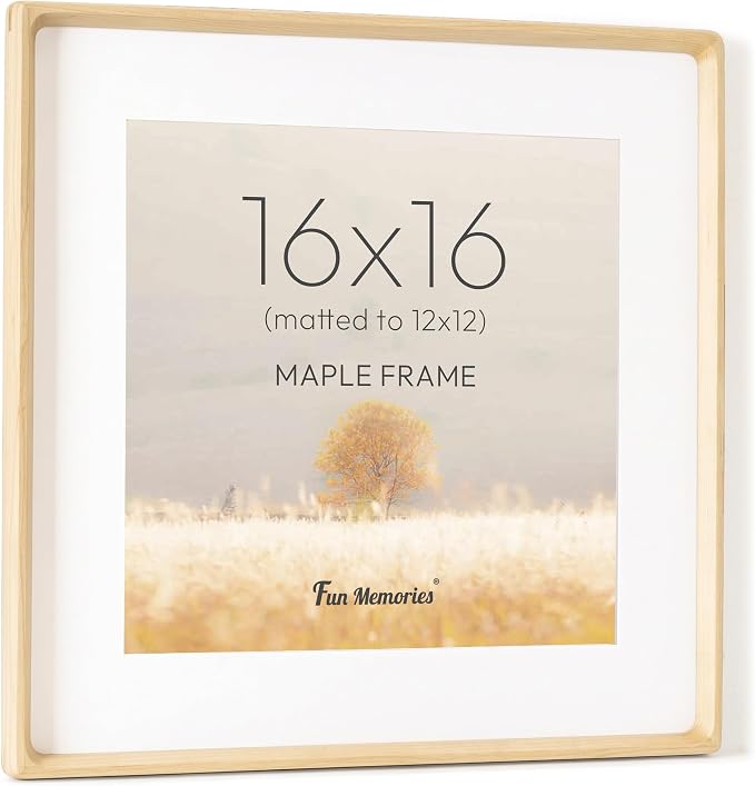 16x16 Picture Frame, USA-Sourced Maple Wood Photo Frame with HD Tempered Glass, Handcrafted Rounded Corner 16 x 16 Wooden Frame Matted to 12x12 Photos, 16x16 frame, Tabletop or Wall Display