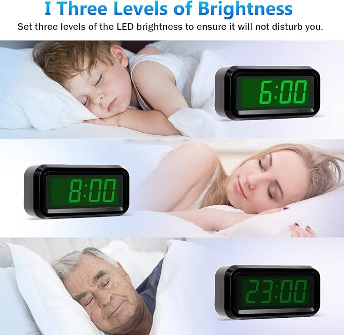 Digital Alarm Clock Battery Operated with LED Display for Bedrooms, Long Battery Life for 12 Months, 3 Brightness Adjustable, 12/24 Hour, Snooze, Black Case with Green Digits
