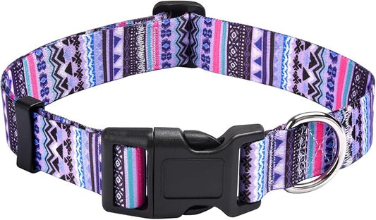 Mihqy Dog Collar with Bohemia Floral Tribal Geometric Patterns - Soft Ethnic Style Collar Adjustable for Small Medium Large Dogs(Purple Bohemia,M)