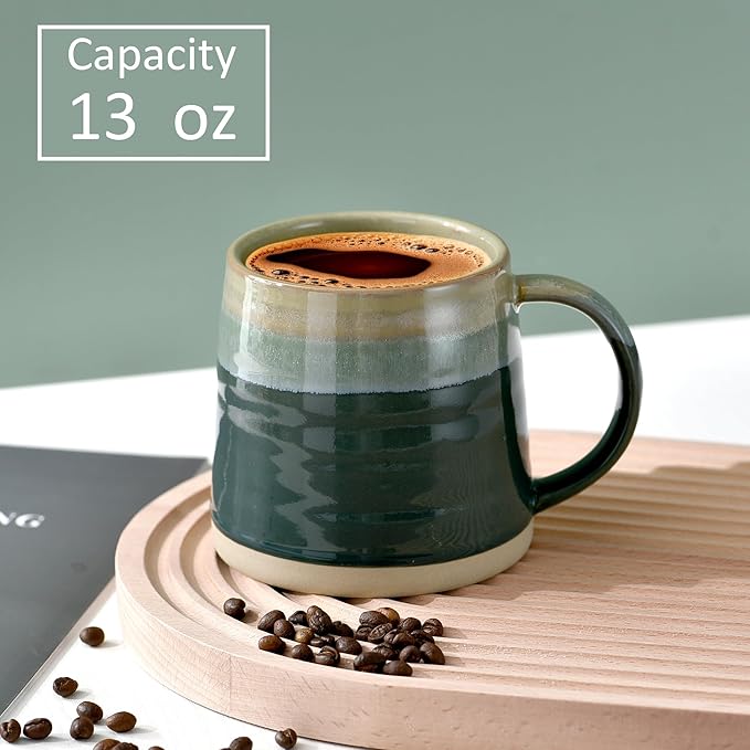 fMBB Ceramic Coffee Mug, 13 oz, Big Tea Cup, Reactive Glaze Shiny and Matte Surface Rich Colored Pottery Mugs, Wide Bottom Coffee Mug for Tea, Latte, Hot Chocolate, Home Decor, Green Tone