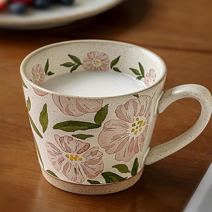 15oz Vintage Floral Ceramic Coffee Mug, Hand-Painted Lead-Free Tea Cup with Comfort Handle, Microwave & Dishwasher Safe for Home Office & Gift for Women (Pink Floral, 15, ounces)
