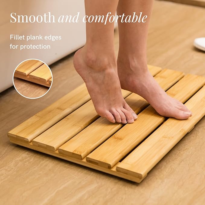 GOBAM Bamboo Bath Mat, Large, 26 x 15.75 x 1.34 inches - Water Resistant, Non-Slip Shower Mat for Spa, Sauna, Kitchen, Pool, Indoor, Outdoor - Bamboo Bathroom Accessories - Natural