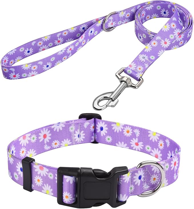 MarukoPet Dog Collar and Leash Set, Adjustable for Small Medium Large Dogs Puppy, Cute Design with Bohemia Floral Tribal Geometric Patterns Boys Girls Dog Collar(Purple Daisy Set,M)