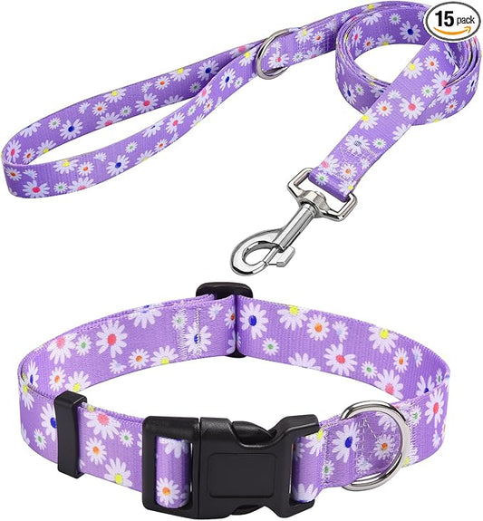 MarukoPet Dog Collar and Leash Set, Adjustable for Small Medium Large Dogs Puppy, Cute Design with Bohemia Floral Tribal Geometric Patterns Boys Girls Dog Collar(Purple Daisy Set,L)