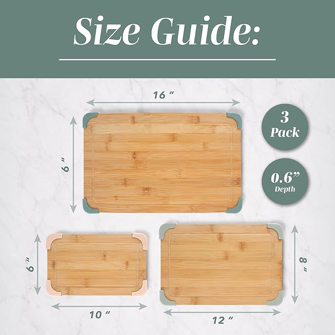 COOK WITH COLOR Non-Slip Cutting Board Set – Kitchen Essentials with Easy Grip Handle for Meat, Veggies, and Fruits, 3 Cutting Boards, Bamboo Non-Slip Sage