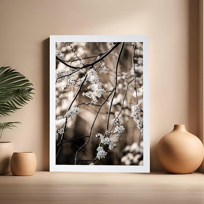 Monem Art Cherry Blossom Branch Photography Print - Moody Botanical Nature Art Poster - Wall Decor for Living Room, Bedroom or Office - 16x20 White Framed Wall Art by Mareike Bohmer