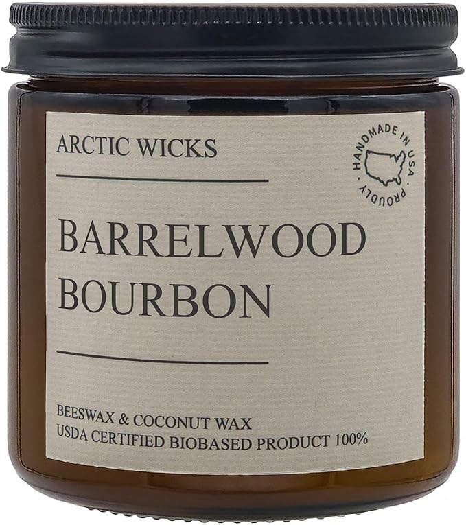 Arctic Wicks Handcrafted Candles | Non Toxic Coconut Beeswax Candles 16oz Double Wick | 100% USDA Certified Biobased, Handmade, Premium Waxes, Non-Toxic (Barrelwood Bourbon, 16oz Amber Jar)