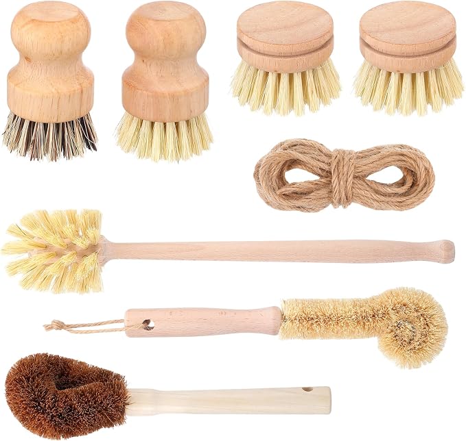 8 Pcs Bamboo Dish Brush Dish Washing Scrub Bottle Brushes Wooden Palm Pot Brush Cleaning Scrubbers with Natural Sisal Bristles Long Handle for Pots Pans, Vegetables, Household Cleaning