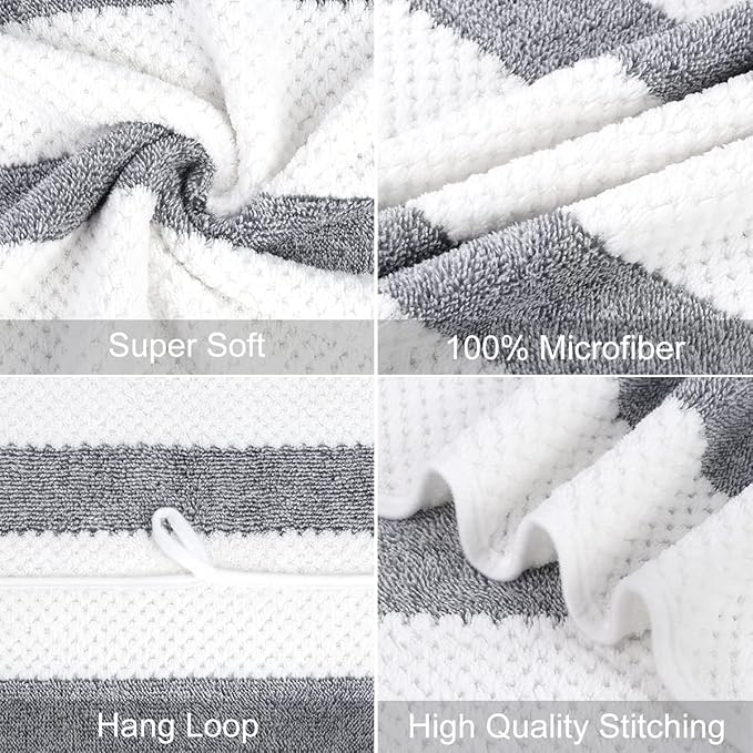 JML Large Bath Towels Set of 2, Microfiber Bath Towel for Body, 30" x 60", Oversized, Soft, Super Absorbent, Fast Drying, Use for Sauna, Shower, Pool, Sport, Fitness, Yoga, Waffle Stripe Grey