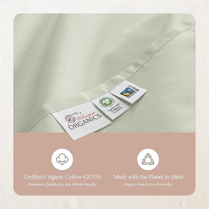 Certified Organic Twin Flat Sheet Only - 100% Organic Cotton Top Sheet with Luxurious Soft and Breathable 300 Thread Count Sateen Weave Finish - GOTS & Fairtrade Certified (Pastel Green, Twin)