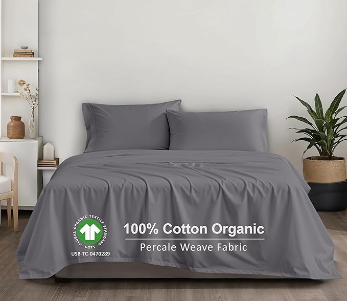 RUVANTI 100% Cotton Organic Percale Sheets King Size – Crisp Cooling Bed Sheets for Hot Sleepers, Deep Pocket 15”, Soft Peach Finish, Breathable & Durable Hotel-Style 4 Pcs, Silver Filigree