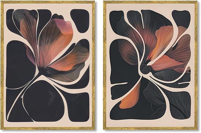 Abstract Floral Wall Art Prints Set of 2 Modern Mid Century Botanical Canvas Painting Posters Black Orange Flower Picture Wall Decor Aesthetic for Bedroom Home Decor 12x18inch Gold Framed