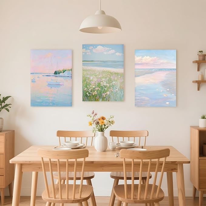 HUYKON Coastal Pink Wall Art Set of 3 Maximalist Ocean & Beach Landscape Canvas Poster Trendy Sailboats Flowers Sunset Painting Pastel Picture Prints for Bedroom Home Decor 16x24inch Wrapped Frame