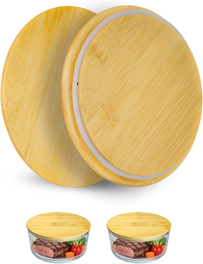 Replacement Wooden Lids for Pyrex, Anchor Hocking Glass Containers 7201-PC*2, Bamboo Lids for Pyrex 4Cup Glass Bowls, Bowl Covers with Leakproof Silicone Gasket 2 Pack