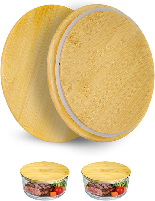 Replacement Wooden Lids for Pyrex, Anchor Hocking Glass Containers 7201-PC*2, Bamboo Lids for Pyrex 4Cup Glass Bowls, Bowl Covers with Leakproof Silicone Gasket 2 Pack
