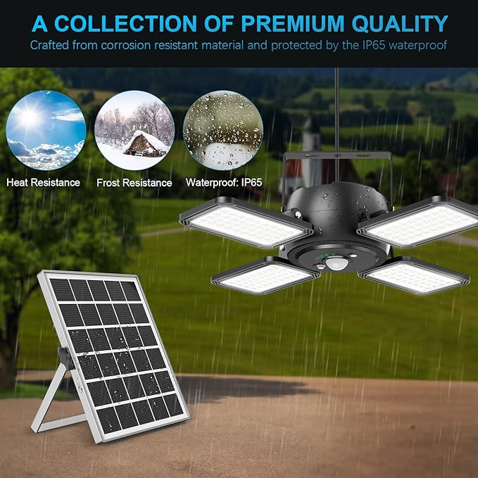 Latband Solar Pendant Light Outdoor Indoor Solar Powered Motion Sensor Shed Light,144LED 1200LM Daytime Work with 5 Lighting Modes Remote Control 4 Heads IP65 Waterproof for Garage Gazebo Barn