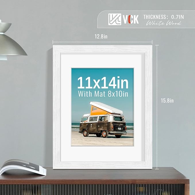 VCK 11x14 Picture Frames White 3 Pack, Wide Border Wood, Tempered Glass, Display 8x10 Photo with Mat or 11 x 14 without, for Home, Office, Gallery, Woodgrain Series, Wall Hanging