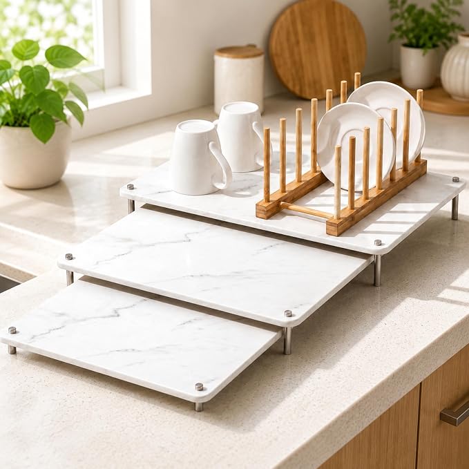 3 Tiers Large Nesting Stone Dish Drying Mats (24"x16" & 20"x16" & 16''x 12'') with Bamboo Dish Rack for Kitchen Counter, White Nestable Diatomaceous Earth Drying Mats with Non-Slip Feet