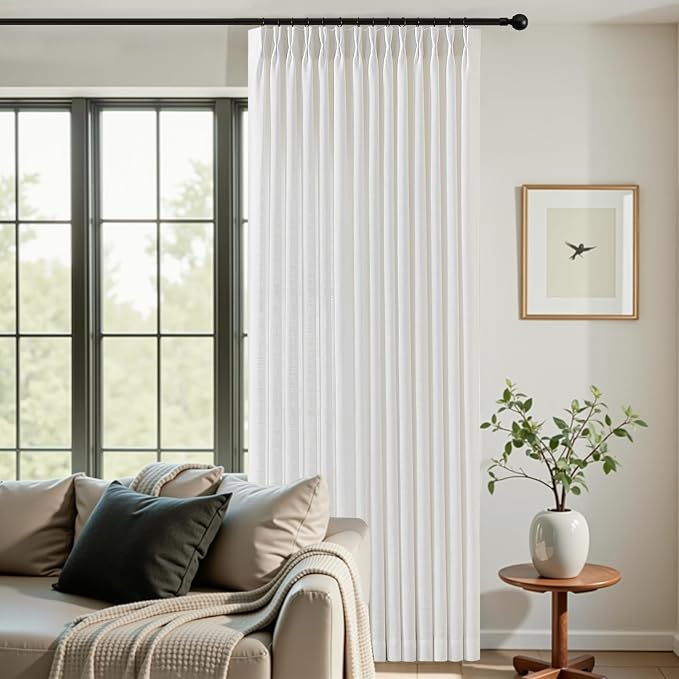 Pinch Pleated Linen Curtains Extra Wide 70 x 96 Inches Long for Living Room, Snow White Semi Sheer Curtain Rustic Light Filtering Window Drapes Memory Trained Ceiling Curtain with Hooks, 1 Panel