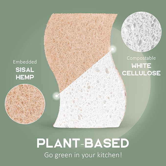 Isshah Plant-Based Natural Kitchen Sponges for Dishes- FSC Certified and PETA Approved, 12 Count