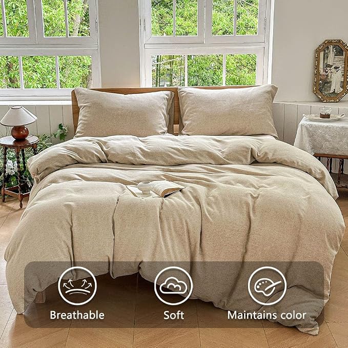 100% French Flax Linen Duvet Cover Set Queen, 3-Piece Soft Breathable Cooling Bedding for Hot Sleepers, Natural Washed Linen with Zipper Closure & 8 Corner Ties (Queen, Natural Linen)