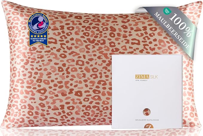 ZIMASILK 100% Pure Mulberry Silk Pillow Cases for Hair and Skin, Soft, Hypoallergenic & Smooth, Both Sides Grade 6A Silk, with Hidden Zipper, Gift for Women Men, 1pc (Queen 20"x30", Pink Leopard)