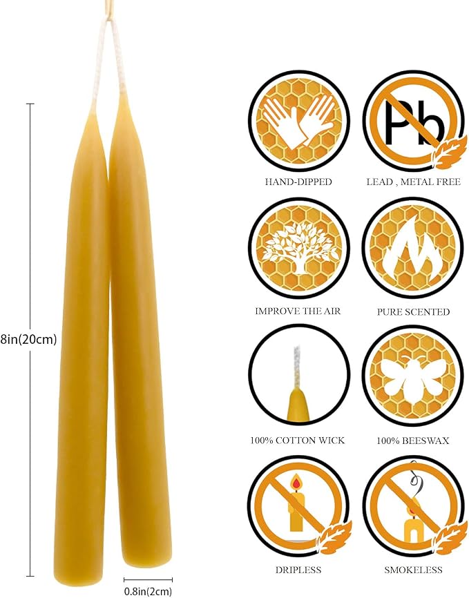 8 inch Natural Beeswax Taper Candles Set of 12, DEYBBY Smokeless and Dripless Organic Natural Beeswax Candles for Home Dinner Decor Emergency Housewarming Gift, Long Lasting Burning, Nontoxic