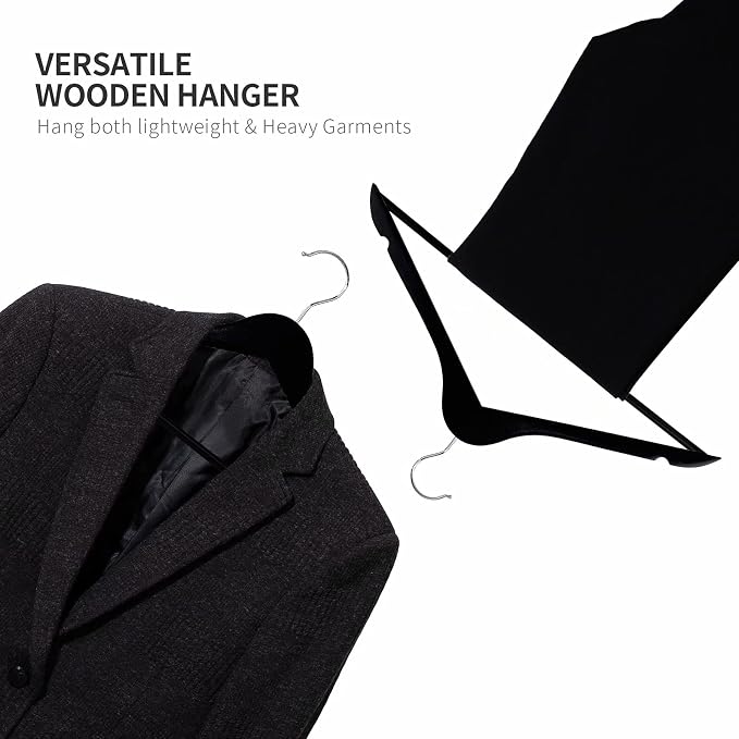 Solid Wooden Hangers 20 Pack, Wood Suit Hangers with Extra Smooth Finish, Precisely Cut Notches and Chrome Swivel Hook, Wooden Clothes Hangers for Shirt Coat Jacket Dress, Black
