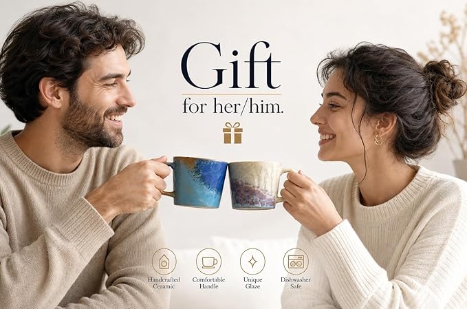 Unique Retro Vintage Japanese Style Primitive Handmade Ceramic Coffee Mug set of 2, Lead-Free Glaze Couple Mugs, Comfortable handle Pottery matching cups for anniversaries and Valentine's Day