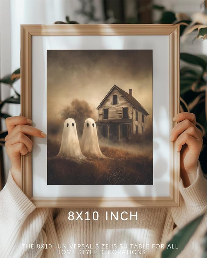Vodefoad Retro Cute Ghost Decor Halloween Painting Spooky Silhouette Ghosts Haunted House Art Victorian Ghost Posters Pictures for Living Room, Bedroom, Bathroom, halloween Room decor - 8x10 Inch Unframed
