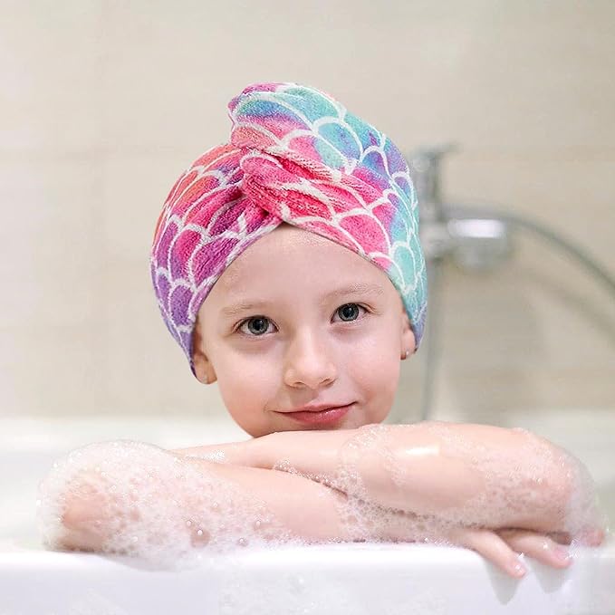 MADHOLLY Fast Drying Microfiber Hair Towel for Kids Women - 3 Packs Soft Super Absorbent Hair Towel Wrap with Button, Anti-Frizz Turban for Thicker Curly Long Hair, Mermaid Gift for Girls