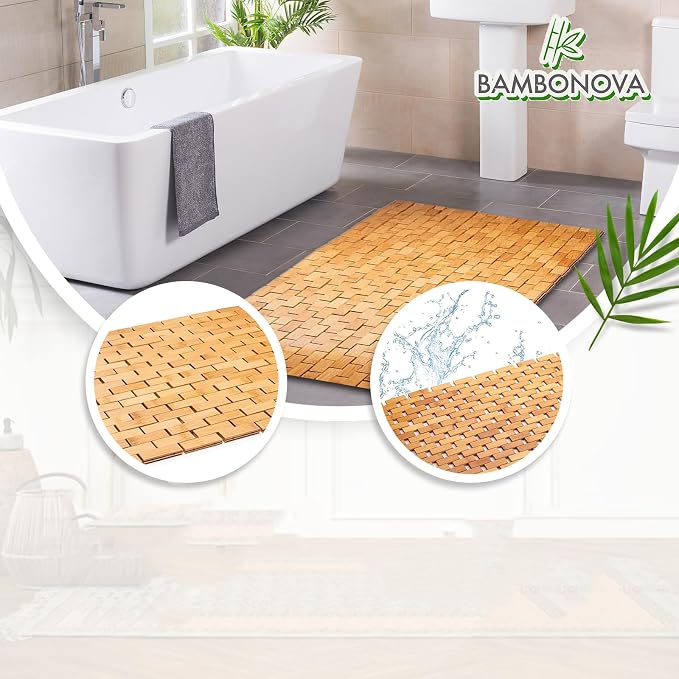 Bamboo Bath Mat 48 x 16 Inches and Wooden Soap Dish Set Bathroom Rugs Bathtub Mat Non Slip Bath Mats for Bathroom, Kitchen Sauna Spa Hot Tub Outdoor Decor