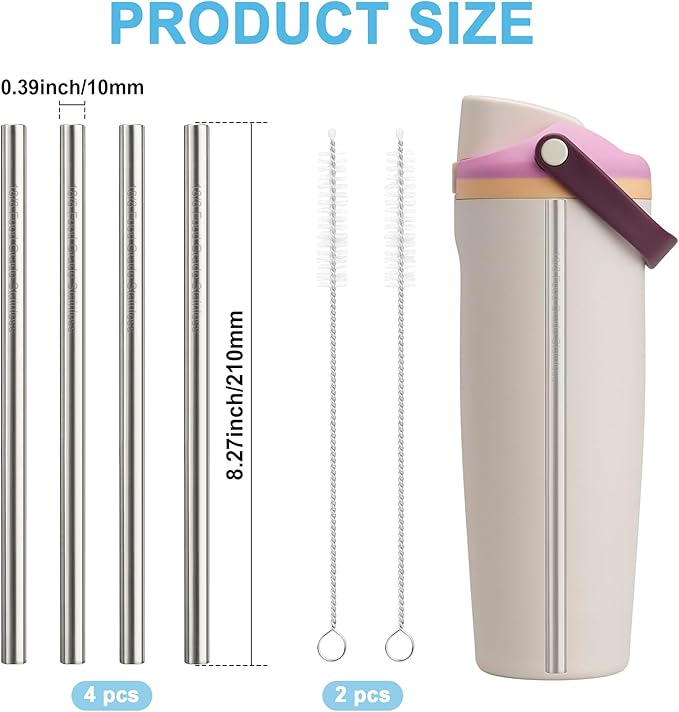 Metal Straw Replacement Compatible with Owala FreeSip Sway 30oz Bottles, 4 Reusable Stainless Steel Straws & 2 Cleaning Brushes, 8.27" for Smooth Drinking