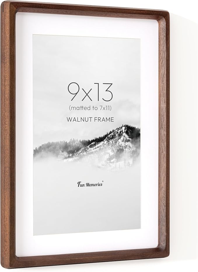 9x13 Picture Frame, USA-Sourced Walnut Wood Photo Frames with HD Tempered Glass, Handcrafted Rounded Corner 9 x 13 Wooden Frame Matted to 7x11 Photos, 9x13 Frames, Tabletop or Wall Display
