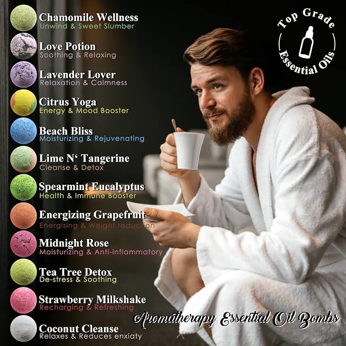 Pure Bath Bomb Gift Set for Men, 12 XL Organic Bath Bombs for Men Relaxing Bath Spa Gift Idea for Dad, Husband, Boyfriend, for Special Occasions, Birthdays, Holidays!
