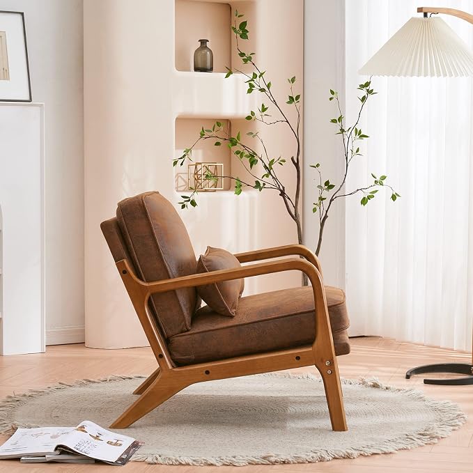 Karl home Mid-Century Modern Accent Reading Chair, Brown | Bronzing Upholstered, Solid Wood Frame, Soft Cushion, Lumbar Pillow, Lounge Armchair for Living Room, Bedroom, Balcony, Study