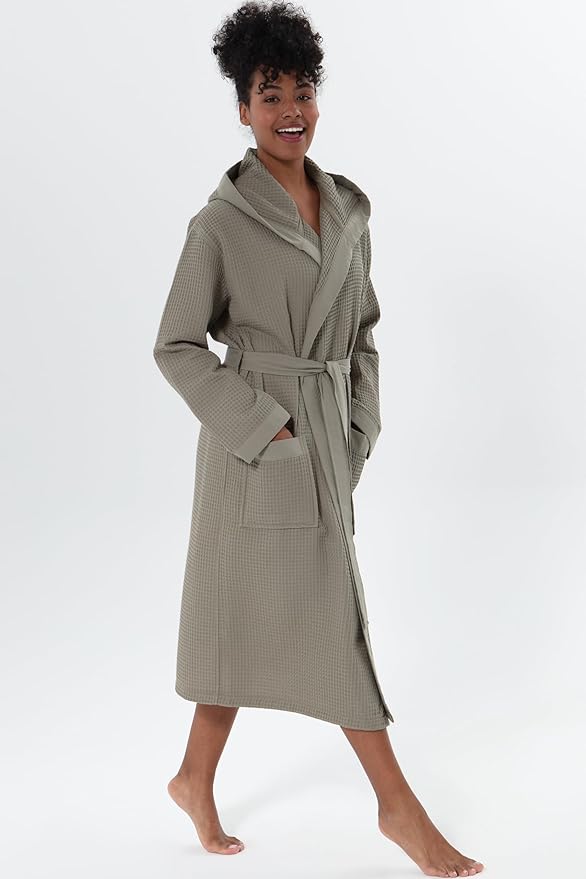 SEYANTE Women's Organic Cotton Waffle Kimono, Hooded Robe – GOTS Certified Lightweight Full-Length Spa Bathrobe with Piping