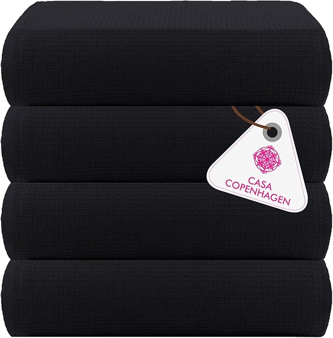 CASA COPENHAGEN Wafffle 4Pcs 100% Egyptian Cotton Large Designer Towels Gift Set- Black, 55"x27", 4Bath Towels for Bathroom (Box Pack, Set for Women & Men)