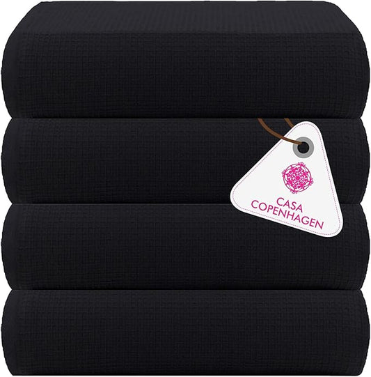 CASA COPENHAGEN Wafffle 4Pcs 100% Egyptian Cotton Large Designer Towels Gift Set- Black, 55"x27", 4Bath Towels for Bathroom (Box Pack, Set for Women & Men)