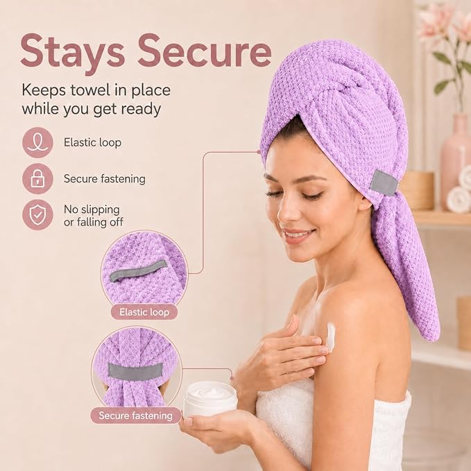 Large Hair Towel Wrap for Women, Quick-Dry Turban, Ultra Absorbent & Anti-Frizz, Ideal for Long, Thick & Curly Hair, Soft Lightweight Microfiber Drying Towel (24x42, Purple)