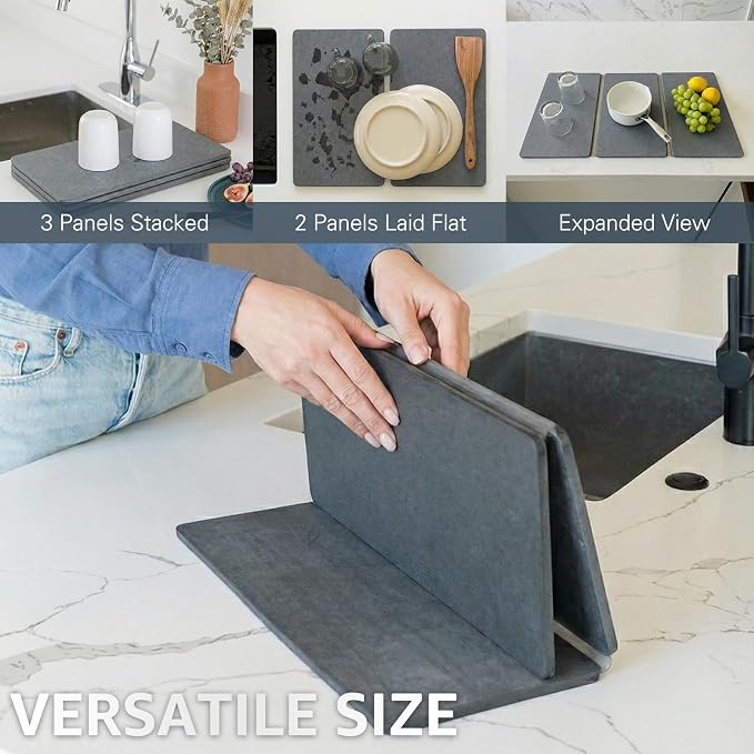Sisher Large Stone Dish Drying Mat For Kitchen Counter,Quick Dry Diatomaceous Earth Drying,Water Absorbing,Easy To Store,Foldable For Dish Racks, Bottles, Cups, And Cutlery.(24" × 16" Dark Gray)