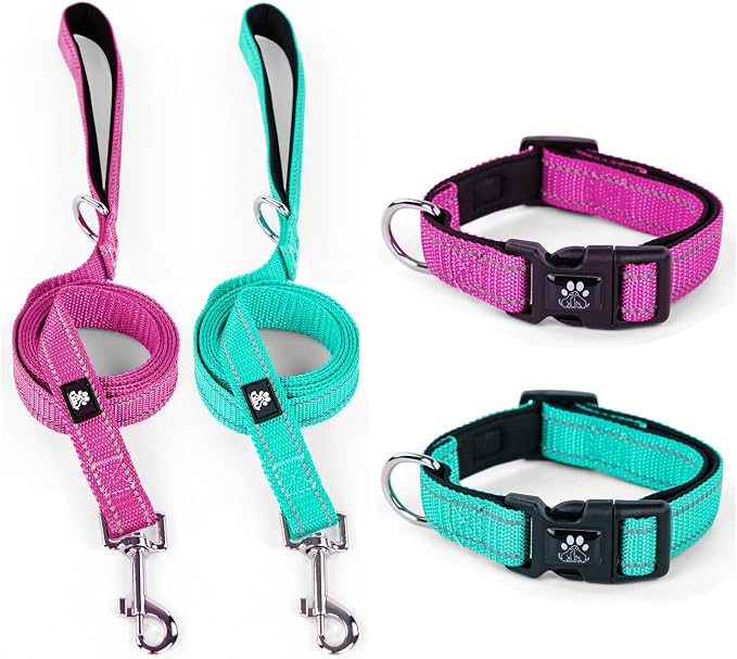 IVY&LANE 2 Pack Reflective Dog Collars and Leashs Set,Adjustable Neoprene Padded Dog Collar for Puppy, Breathable Nylon Pet Collar for Small Medium Large Dogs(Medium,Fuchsia+Teal)