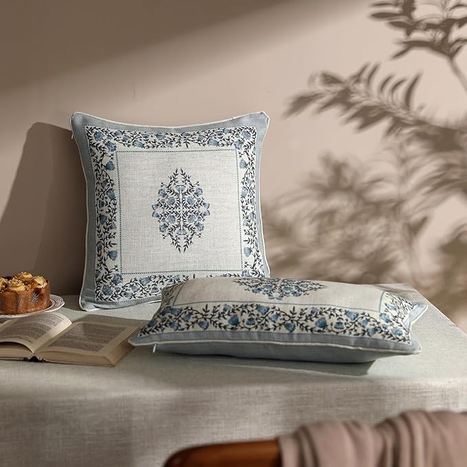 ISAENNE Design Linen Square Throw Pillow Covers 18"x18" Pack of 2, Cottage Farmhouse Cushion Covers with Thorn Vine Pattern for Bed, Living Room, Outdoor, Car