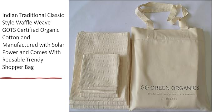 Bath Towel Set Waffle, Organic Cotton, GOTS Certified (Ivory) Super ABSORBANT & Quick Dry, NO SOFTENERS, Environment Friendly, 1xBATH 58x30.5, 2xHAND 29x20, 4xFACE 12x12 INCH
