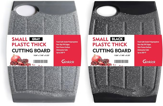 Small Plastic Cutting Board Set, 7.48" Cutting Boards for Kitchen, Small Chopping Boards with Multiple Juice Grooves, Dishwasher Safe, Non Slip Edges, BPA Free (2 Pack, Black & Gray)