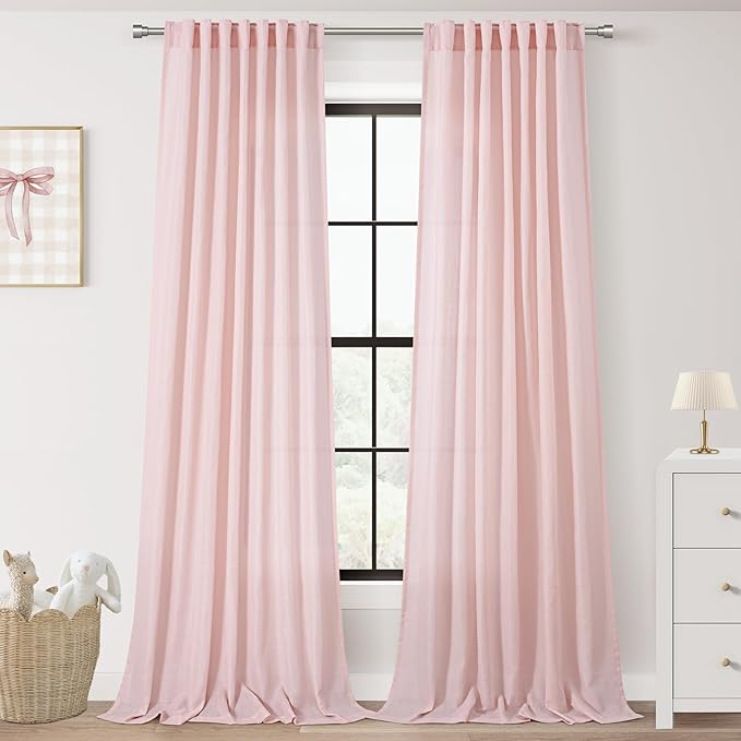 Light Pink Linen Curtains 108 Inches Long for Living Room 2 Panels Set Neutral Modern Farmhouse Back Tab Light Filtering Semi Sheer Window Curtains for Kids Bedroom Pink Decor 9 ft Length