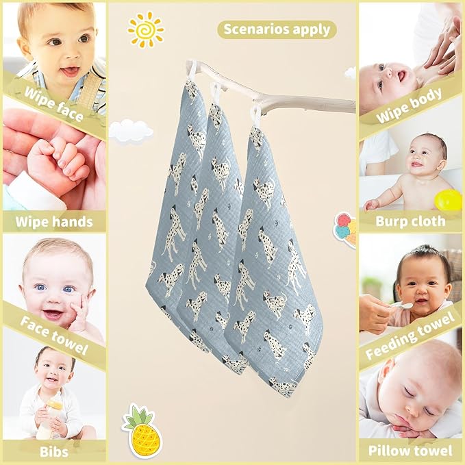 Baby Dalmatian Dogs Msulin Washcloths Newborn Face Towel - Baby Muslin Burp Cloths 5 Pack Soft Absorbent Natural Cotton Wash Towel 11.8"X11.8" Baby Bath Towels Wipes