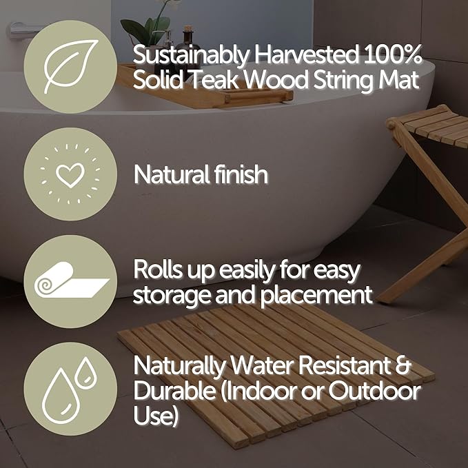 Nordic Teak 100% Solid Teak Wood String Mat - Indoor and Outdoor Use - Non-Slip Wooden Platform for Sauna, Pool, Hot Tub Flooring Decor and Protector (Natural Finish, 19.6" x 19.6")