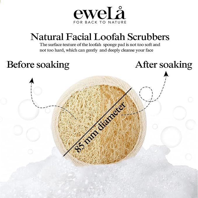 Ewelà Natural Facial Cleansing Pad – 100% Organic Loofah & Cotton Dual-Sided Exfoliating Face Scrubber – Reusable, Biodegradable, Gentle Skin Care Sponge for Daily Deep Pore Cleanse – 8.5cm Round