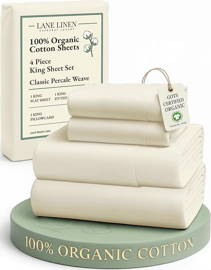 LANE LINEN 100% Organic Cotton Sheets King Size - 4 Pc Bed Sheets King Size, Soft & Breathable Cotton Sheets Set, Percale Sheet & Pillowcase Sets, deep Pocket Sheets Set - Natural